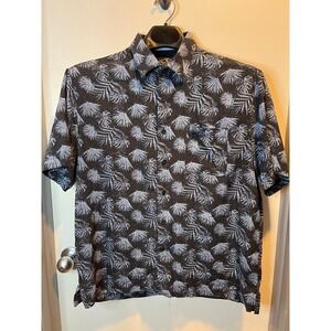 Nat Nast Men's Blue Black Silk Blend Floral Palms Short Sleeves Shirt Size Large